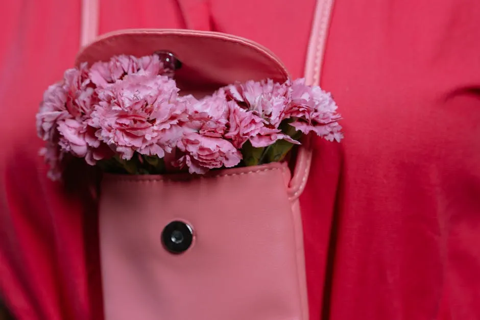 Pink Leather Handbag with Pink Carnation Flowers