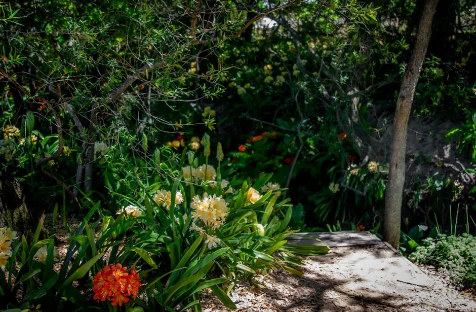 A vibrant garden filled with blooming flowers and lush greenery, creating a serene natural setting.