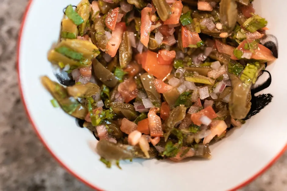 Close-up of a fresh cactus salad with tomatoes and onions in a ceramic bowl.