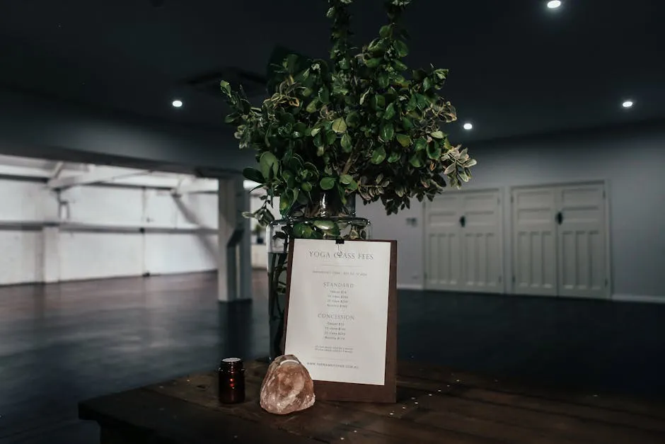 A tranquil yoga studio interior featuring a fee chart, decorative plant, and soft lighting.