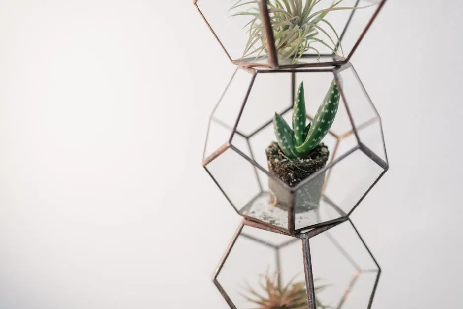 Aesthetic geometric terrarium holding diverse indoor plants in stylish glass containers.