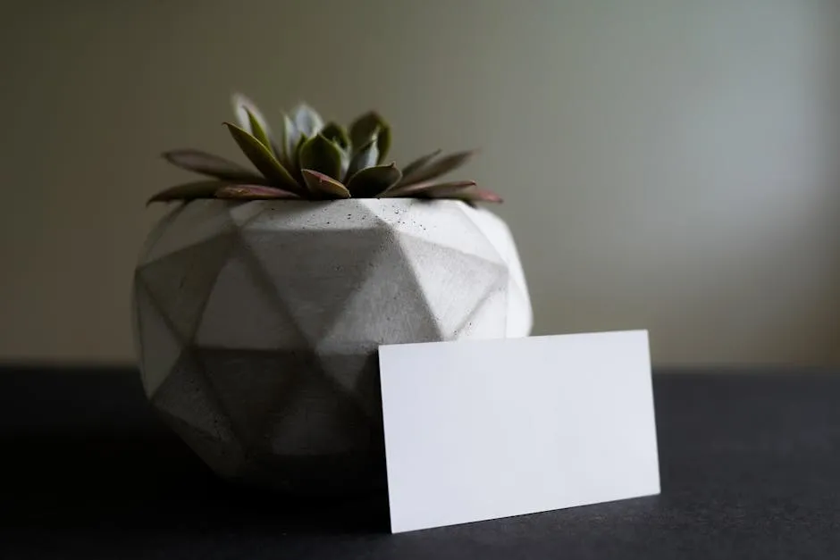 A stylish geometric concrete planter with a succulent and blank business card for mockups.