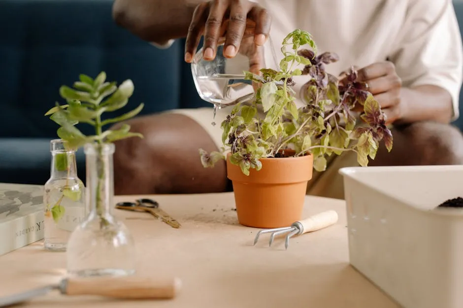 Person Pouring Water on a Potted Plant