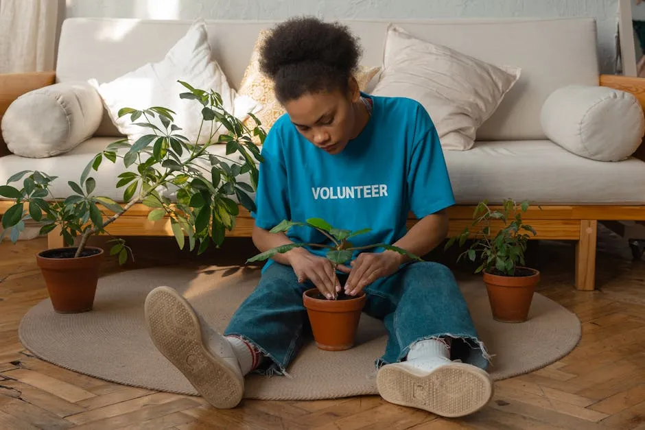 Woman in a Blue Shirt Planting on a Pot