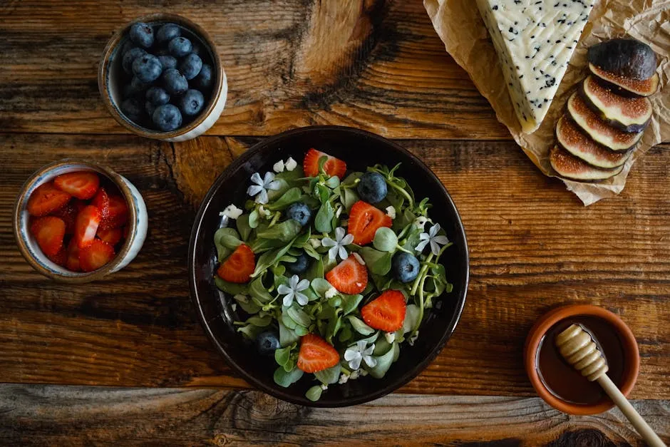 Organic Salad with Strawberries, Blueberries, Herbs and Edible Flowers
