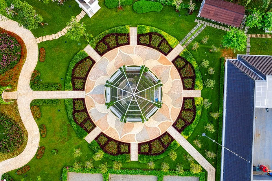 A stunning aerial shot of a circular garden design in Banten, Indonesia.