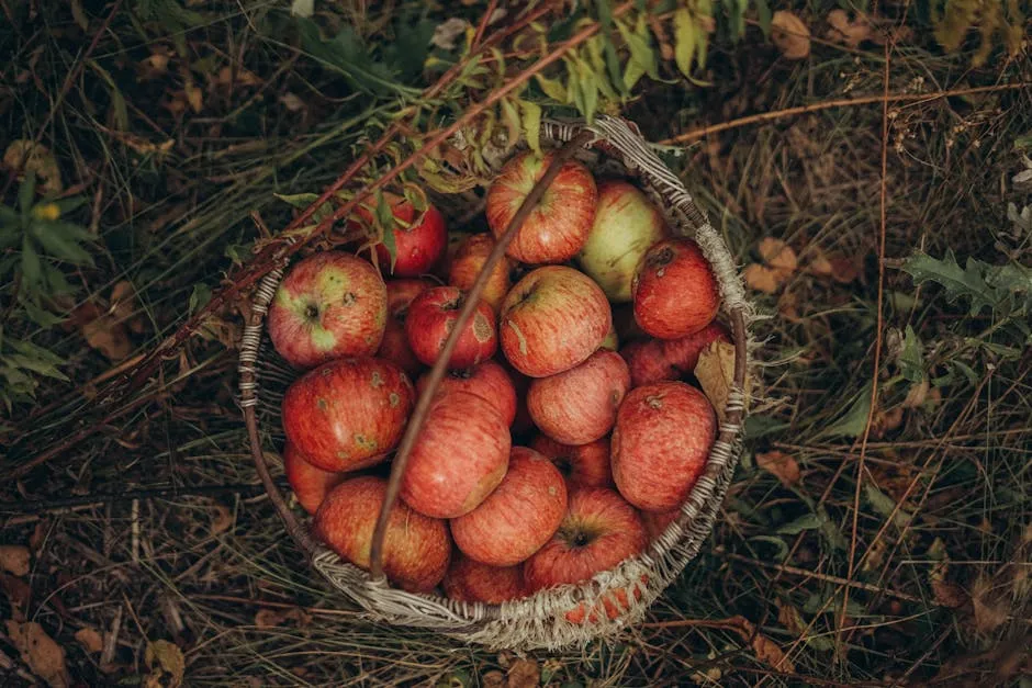 Basket with apples in meadow