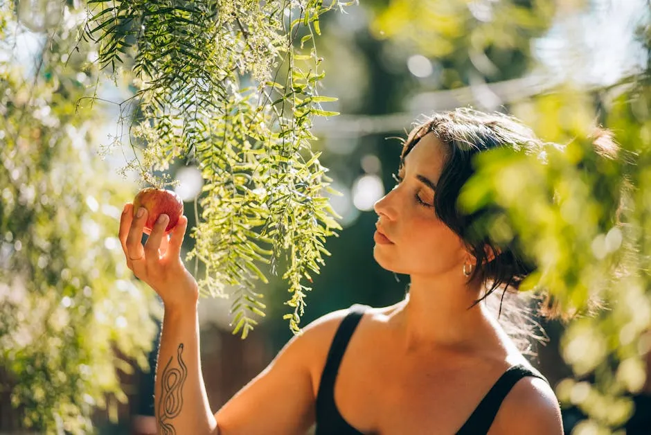 A woman holds an apple while surrounded by lush green foliage in a sunlit outdoor setting.