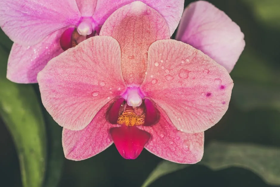 Close-up of pink orchids covered in dewdrops, showcasing their delicate petals and vibrant colors.