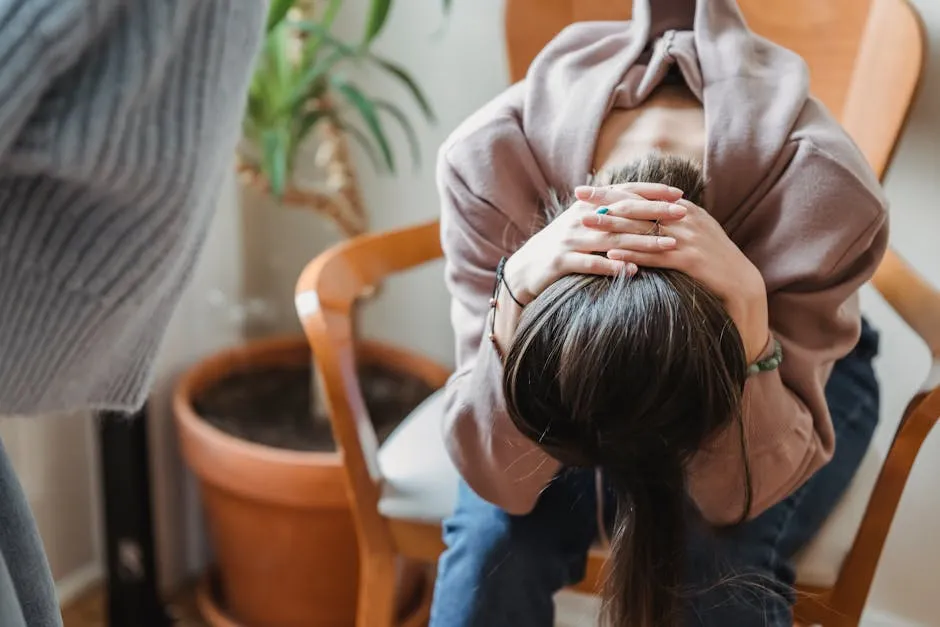 A woman sitting with her head in her hands, expressing distress inside a room.
